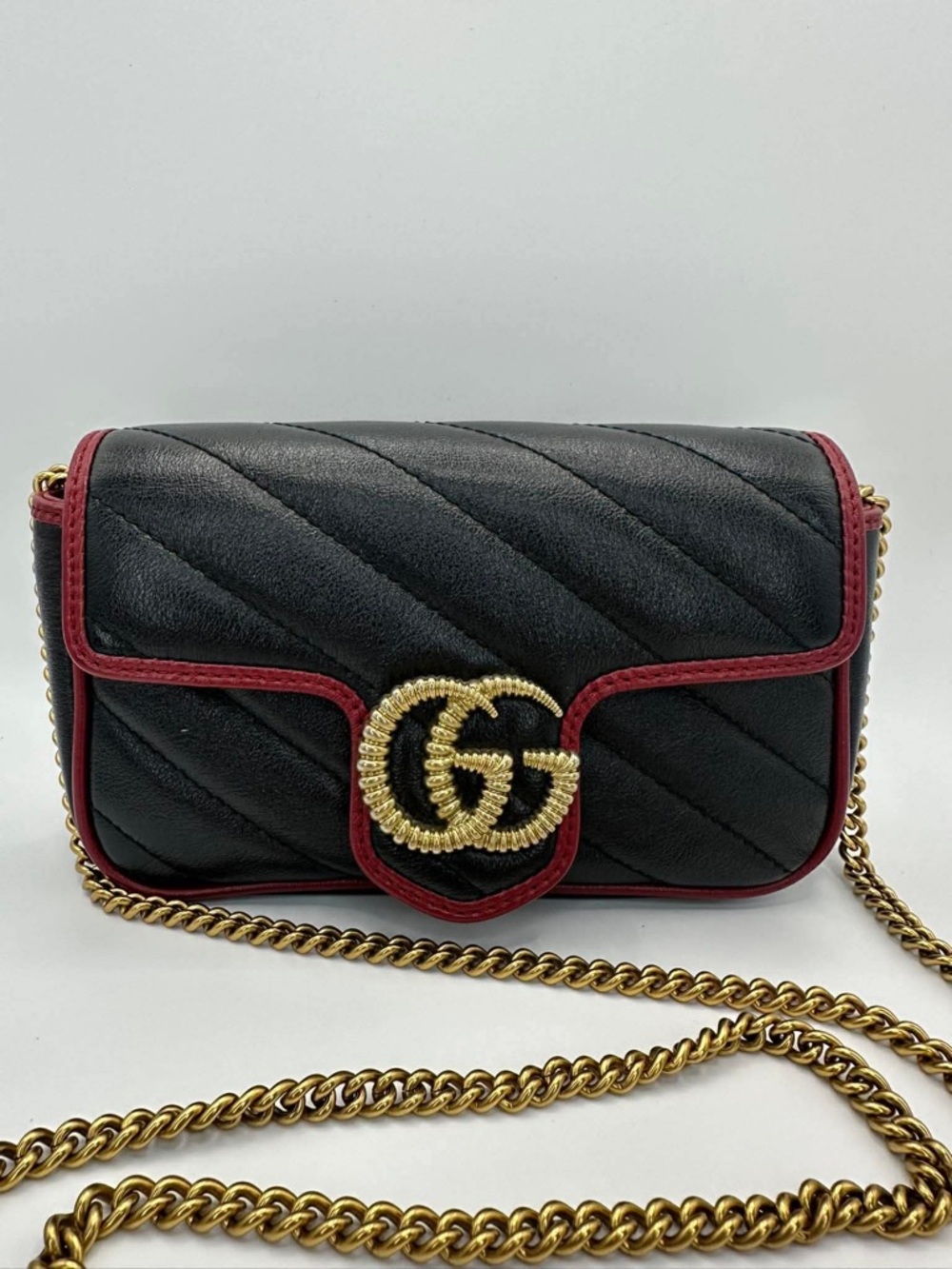 Gucci Black Marmont Crossbody Bag with Red Trim and Gold Hardware